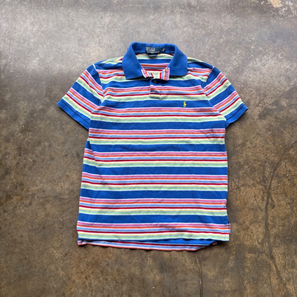 Polo Ralph Lauren‎ Mens Custom Fit Striped Polo Shirt Blue Multi Color Large